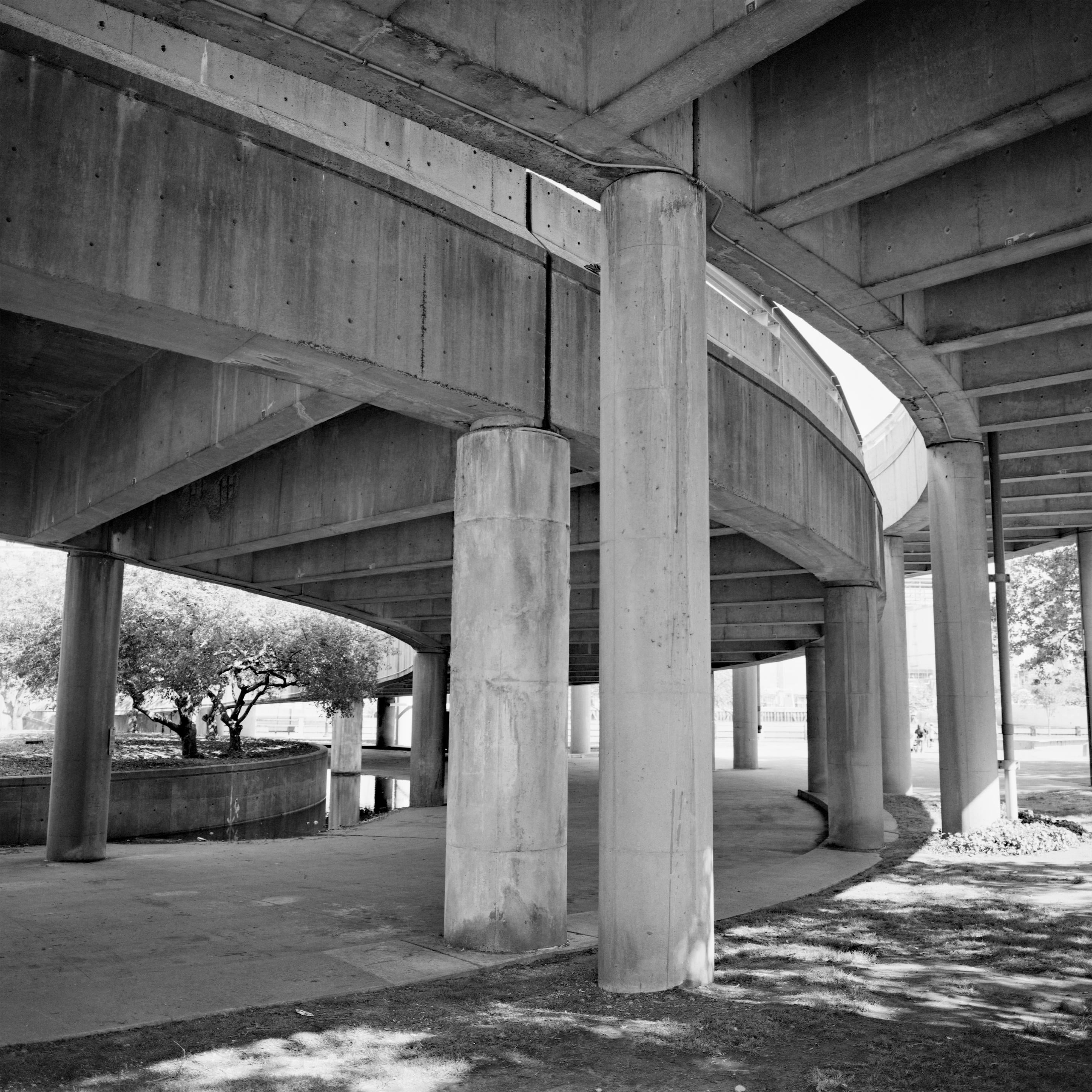 The concrete supports of the Roosevelt Island roadway up to the parking garage contrast with the flowering trees in the center of the spiral, taken with a Mamiya 6.
